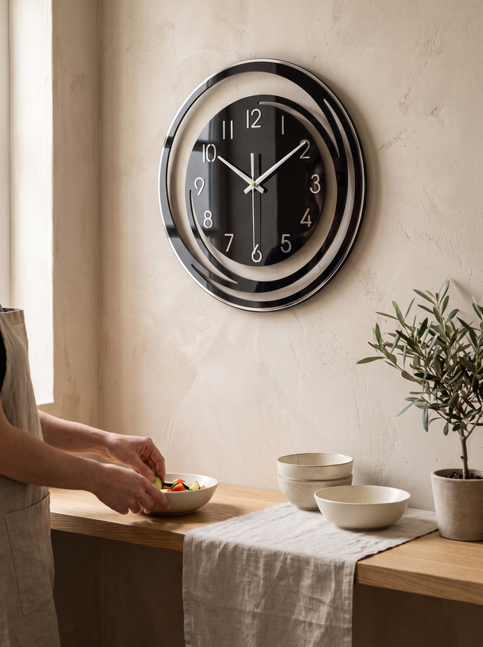 Sorana Black Acrylic Wall Clock, Calm, Silent Timekeeping