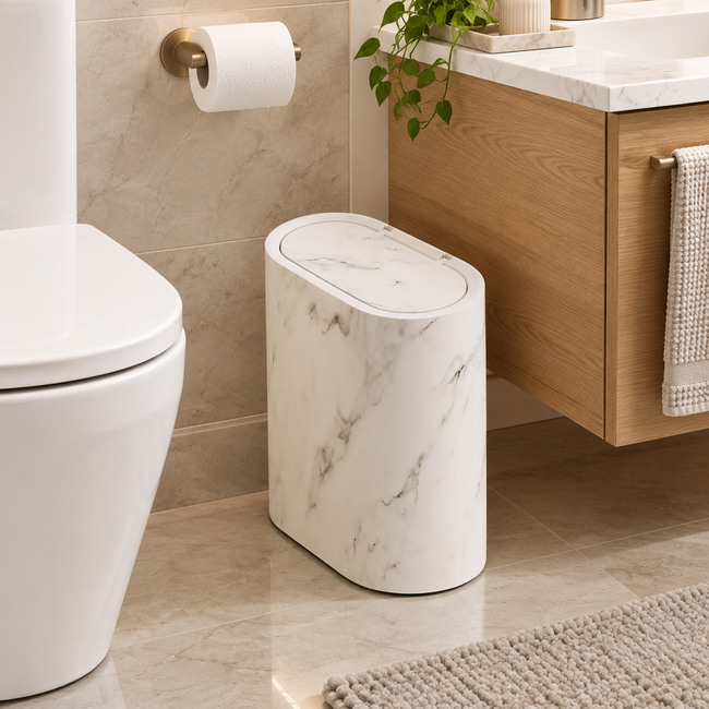 Vika Slim Marble-Look Push-Top Trash Can - White