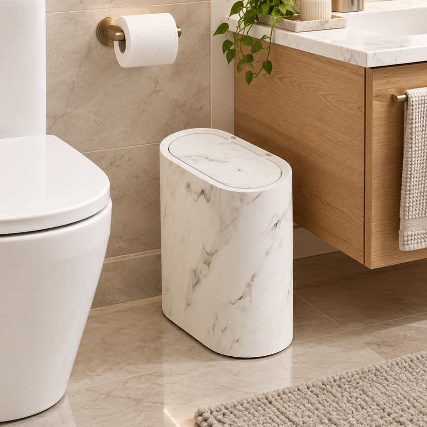 Vika Slim Marble-Look Push-Top Trash Can - White