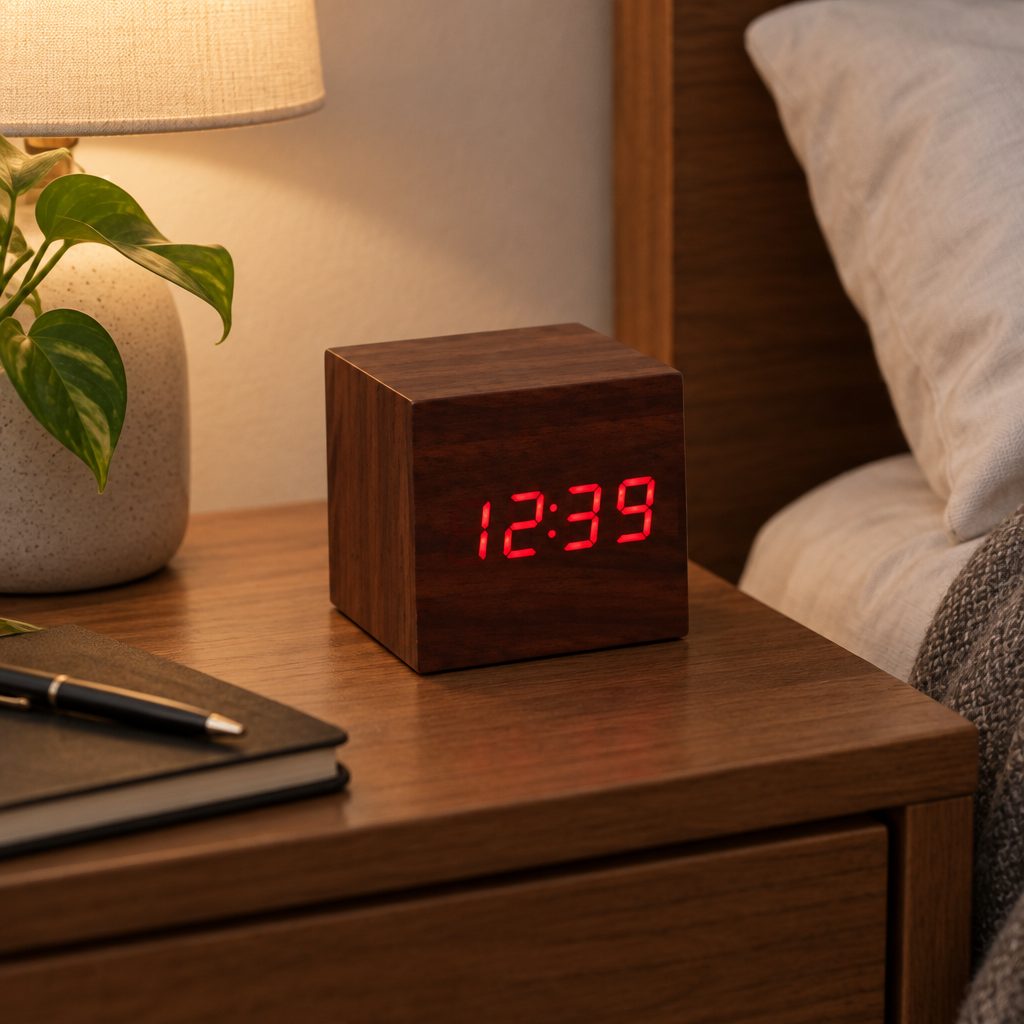 Tove Wooden LED Cube Clock - Walnut, Red Light