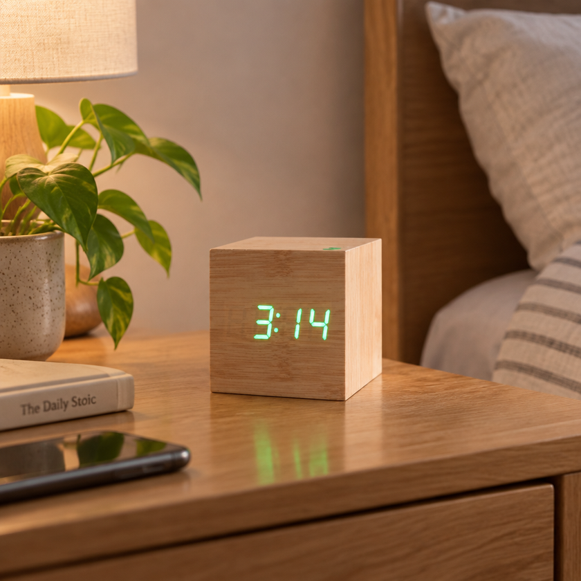 Tove Wooden LED Cube Clock - Oak, Green Light