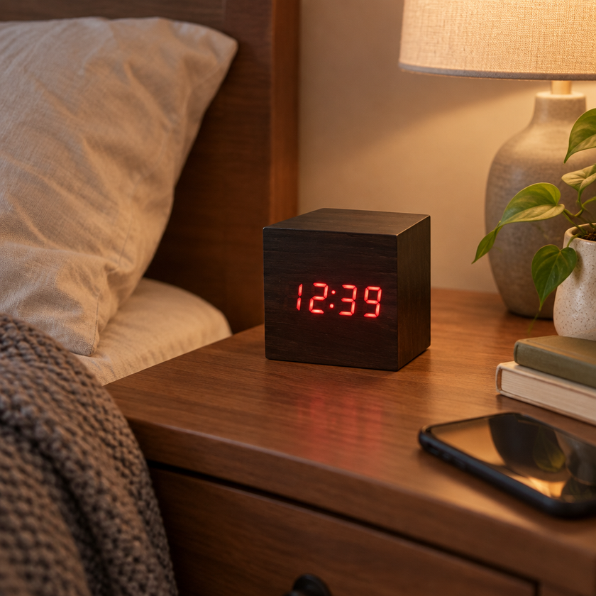 Tove Wooden LED Cube Clock - Black, Red Light