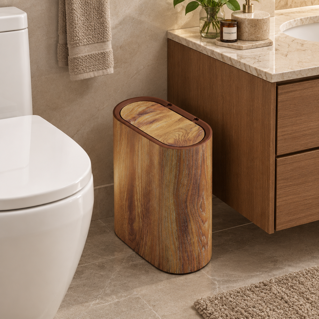 Vika Slim Marble-Look Push-Top Trash Can - Brown