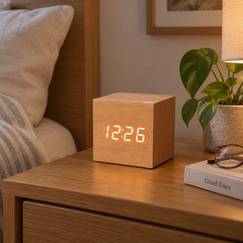 Tove Wooden LED Cube Clock - Oak, Orange Light
