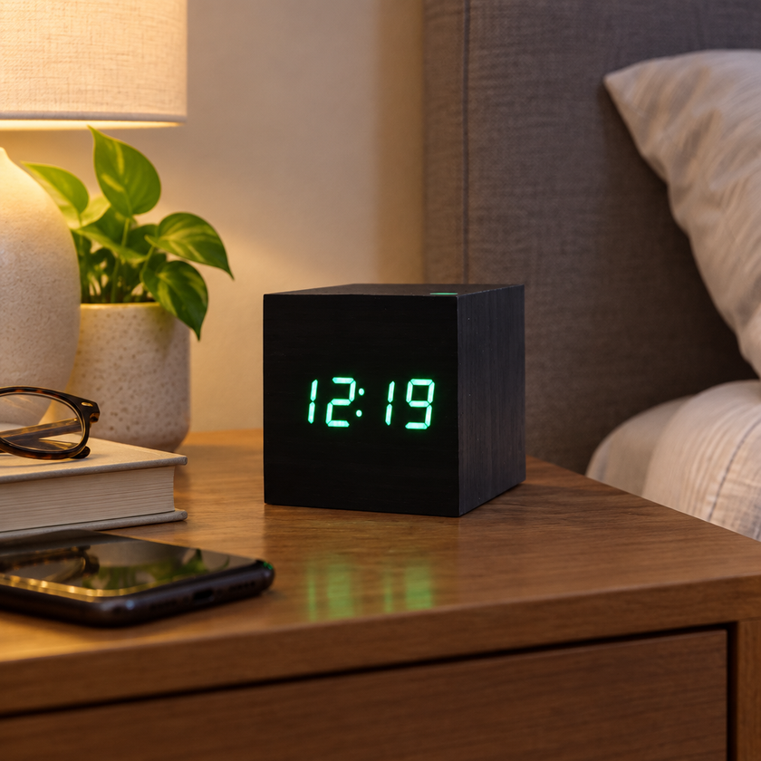 Tove Wooden LED Cube Clock - Black, Green Light