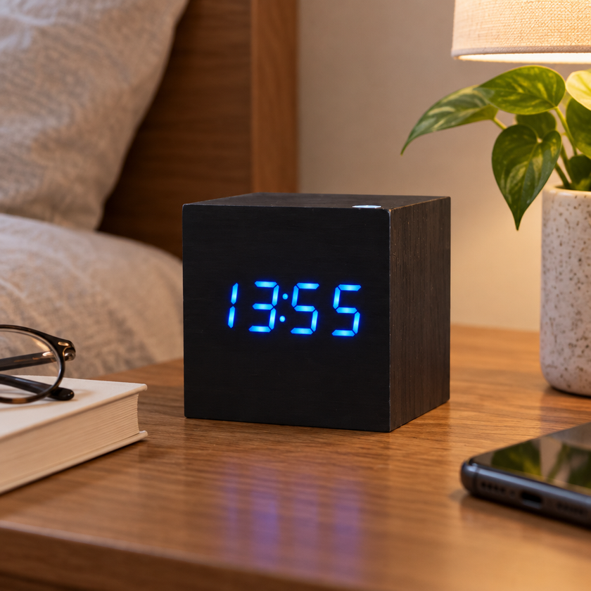 Tove Wooden LED Cube Clock - Black, Blue Light