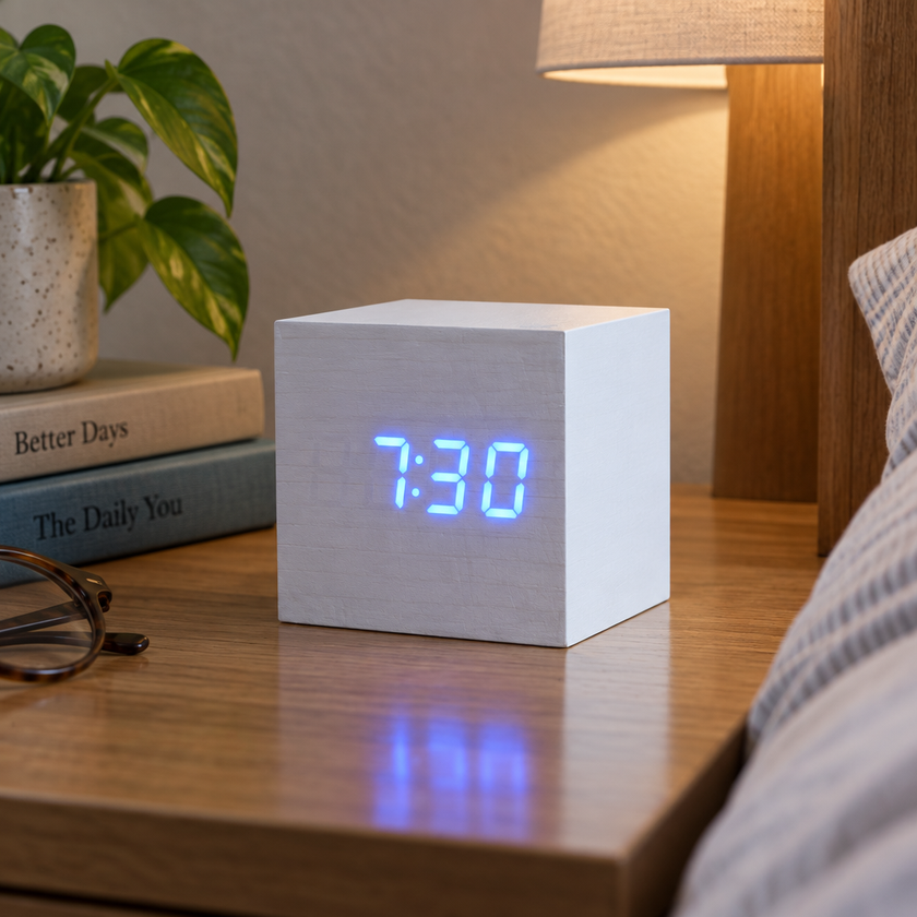 Tove Wooden LED Cube Clock - White, Blue Light