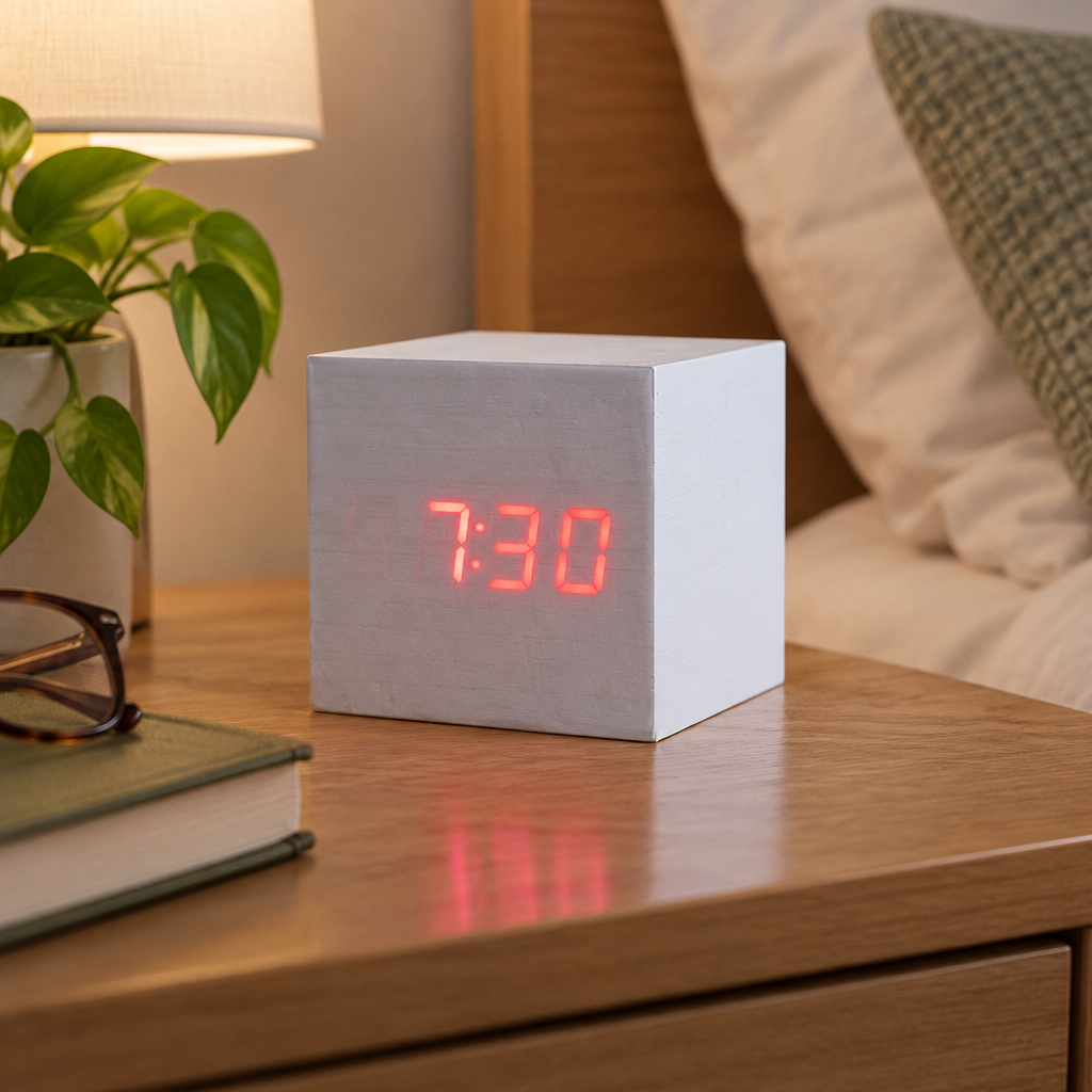 Tove Wooden LED Cube Clock - White, Red Light