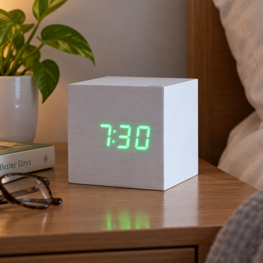 Tove Wooden LED Cube Clock - White, Green Light