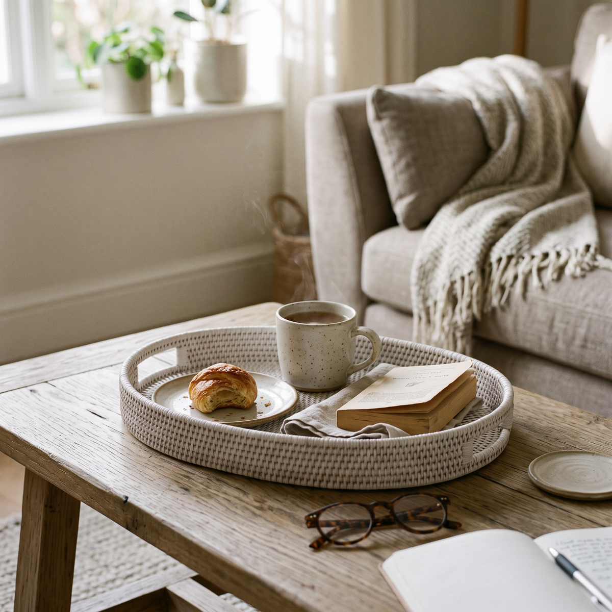 White Oval Rattan Tray