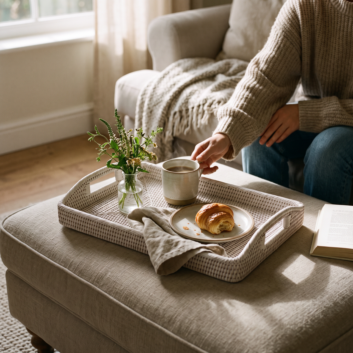 White Handwoven Rattan Tray