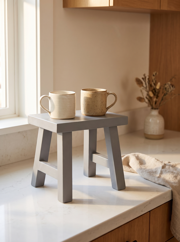 Grey Solid Pine Display Stool, Height, Thoughtfully Added