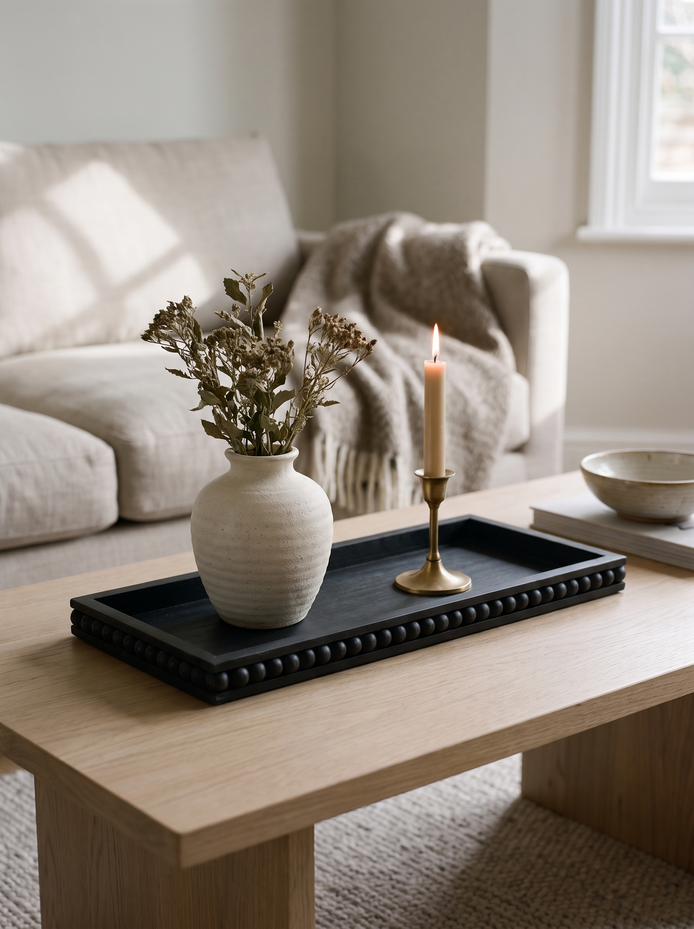 Black Flat Beaded Wooden Tray, A Quiet Contrast