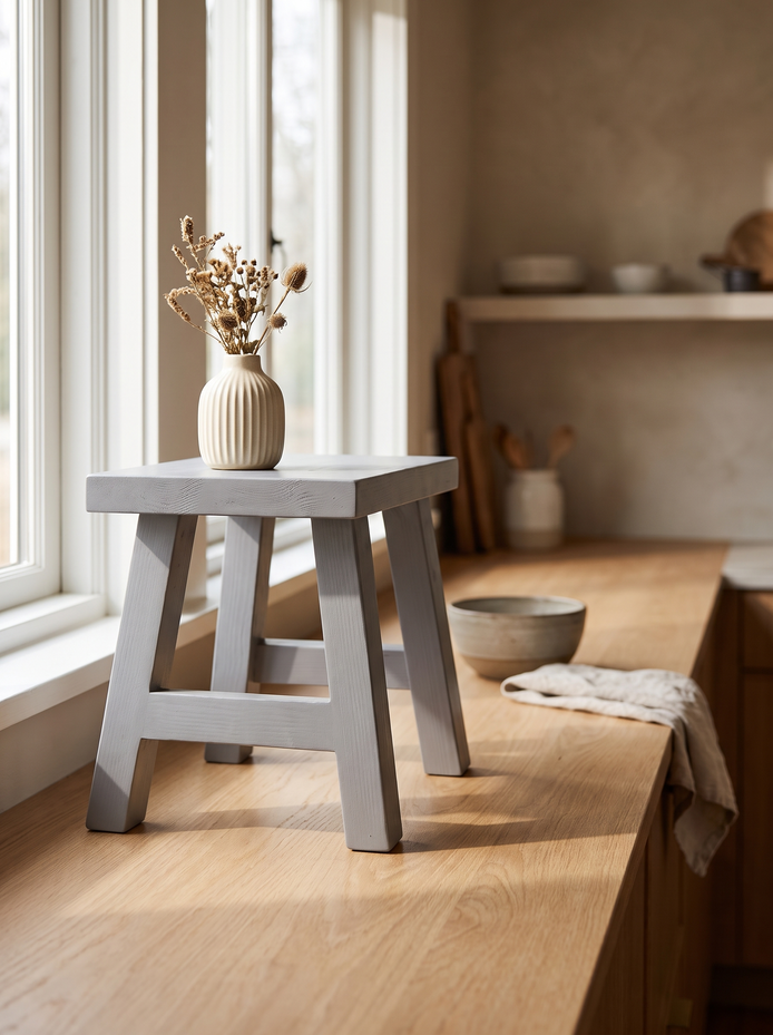 Grey Solid Pine Display Stool, Soft Grey, Natural Grain