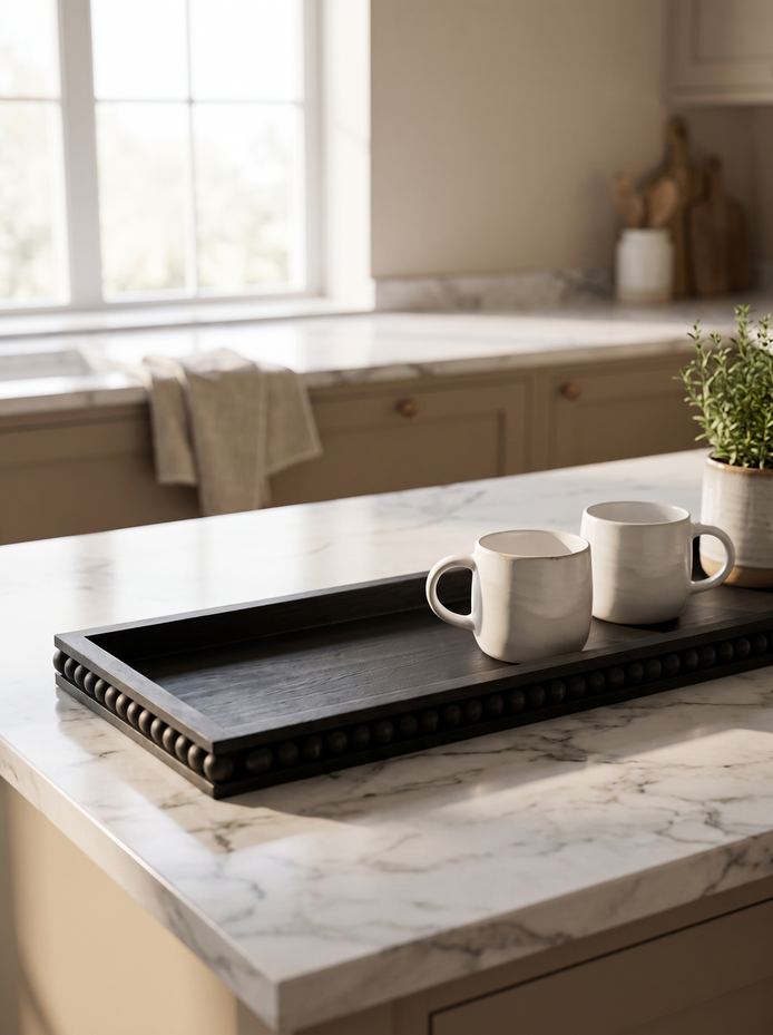 Black Flat Beaded Wooden Tray, Detail at the Edge