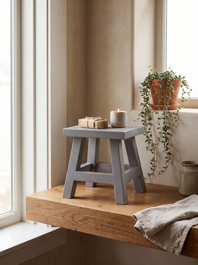 Grey Solid Pine Display Stool, Beyond the Kitchen