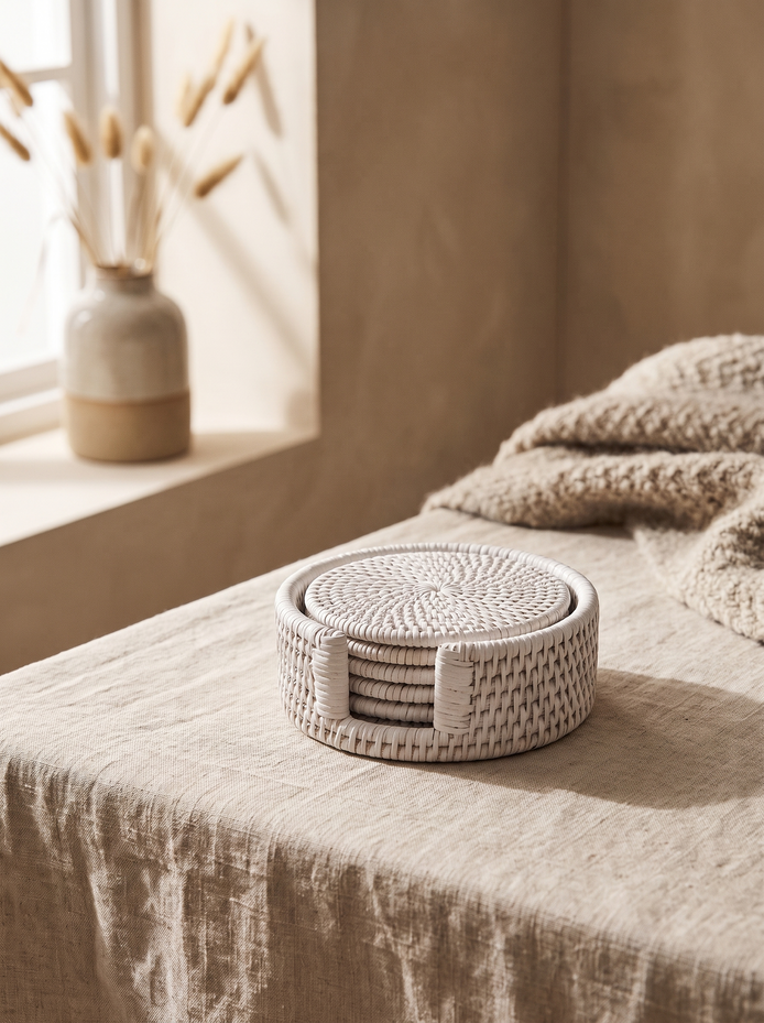 White Rattan Coaster Set of 4, Woven by Hand