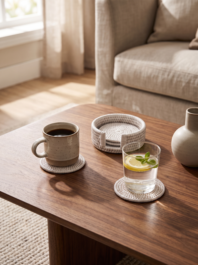 White Rattan Coaster Set of 4, Quiet Protection