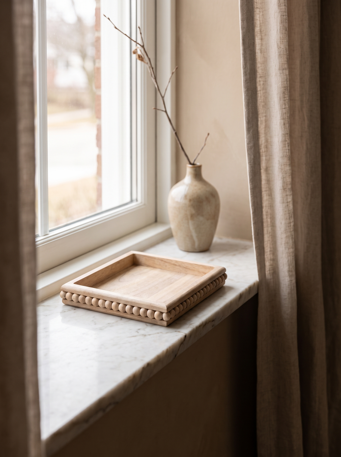 Natural Mini Beaded Wooden Tray, Light Wood, Gentle Grain