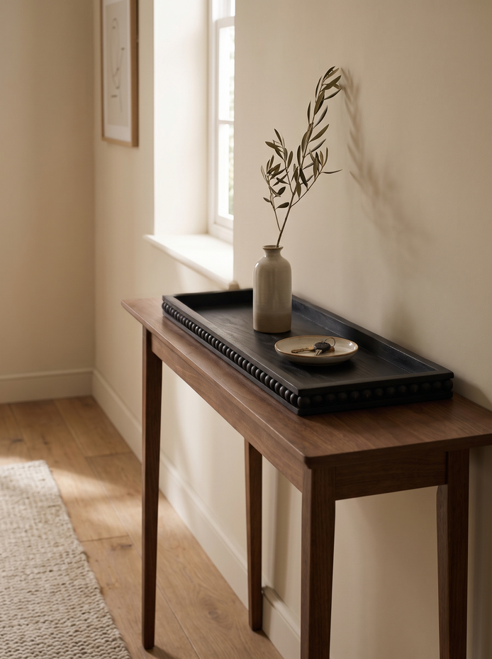 Black Flat Beaded Wooden Tray, Made to Move Room to Room