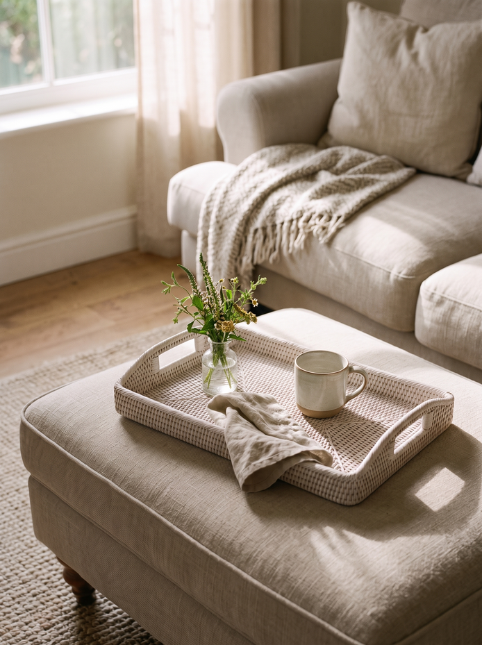 White Handwoven Rattan Tray, Bright, Airy Texture