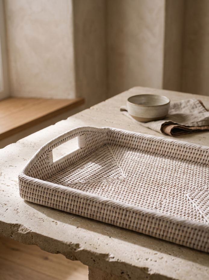 White Handwoven Rattan Tray, Crafted by Hand in Myanmar