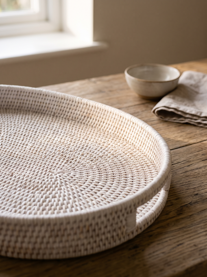 White Oval Rattan Tray, Woven by Hand
