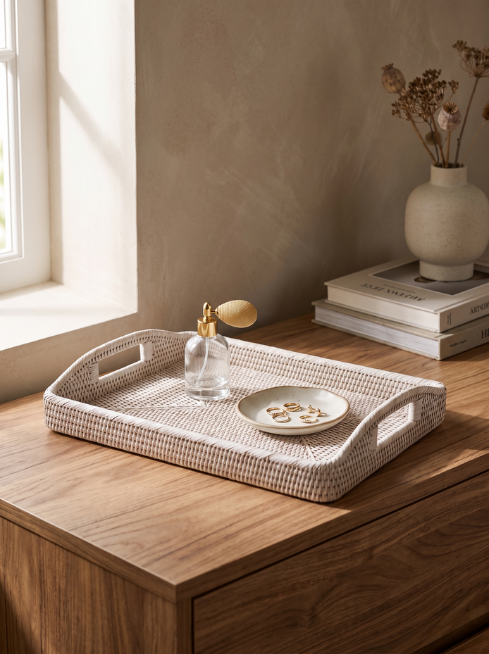 White Handwoven Rattan Tray, Serve, Gather, Display