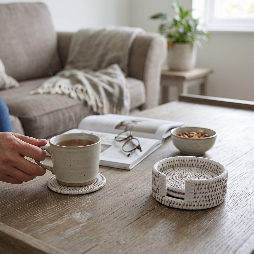 White Rattan Coaster Set of 4