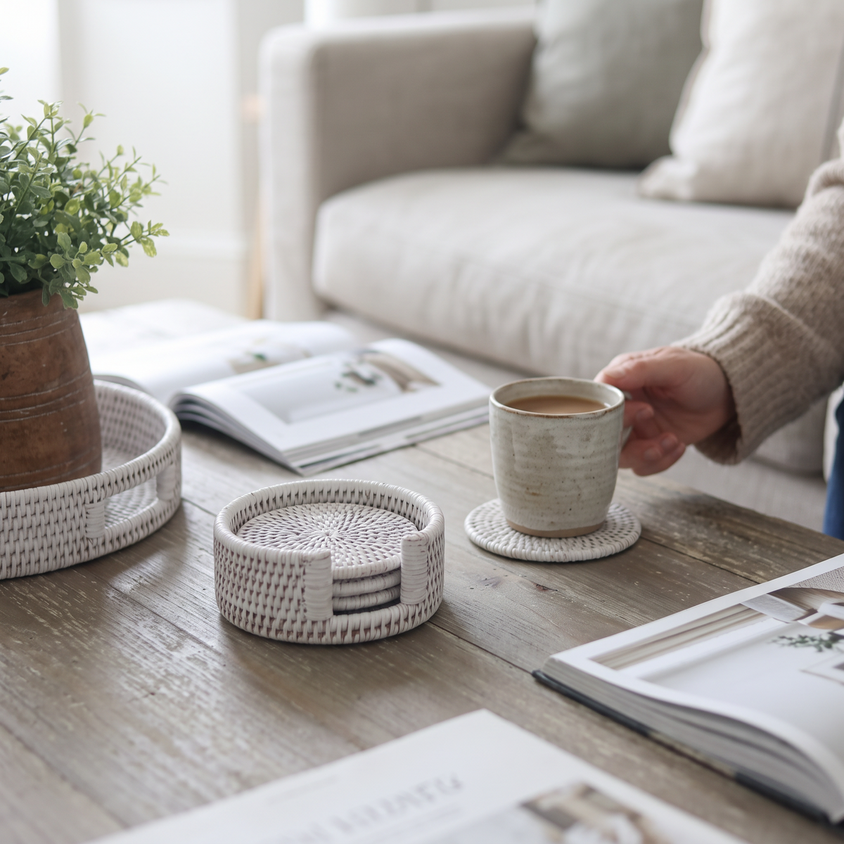 White Rattan Coaster Set of 4