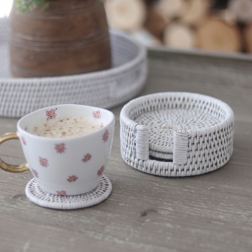 White Rattan Coaster Set of 4