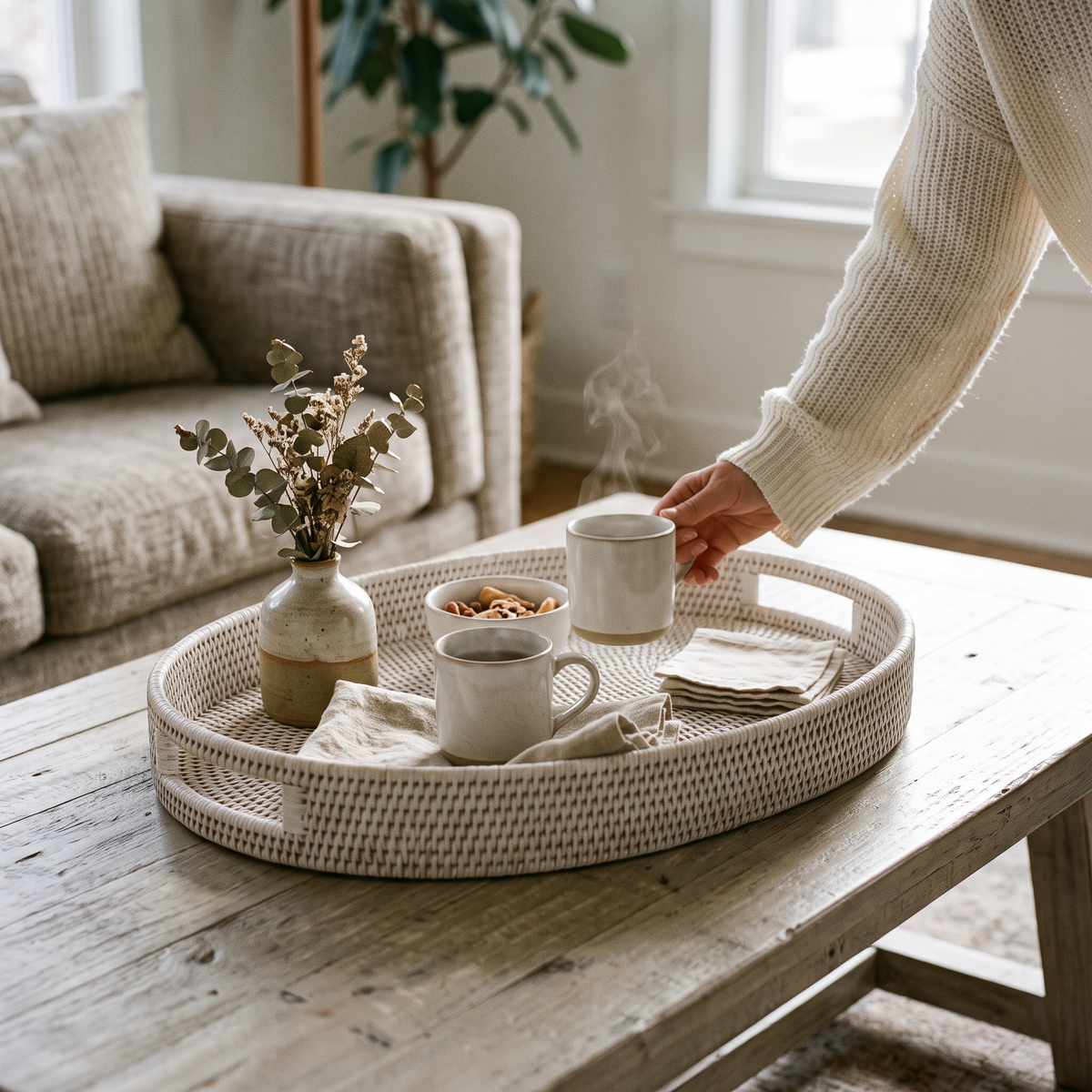 White Oval Rattan Tray