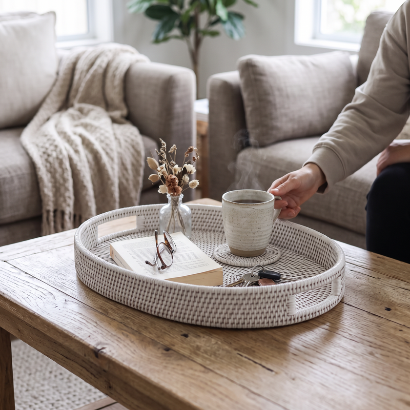 White Oval Rattan Tray