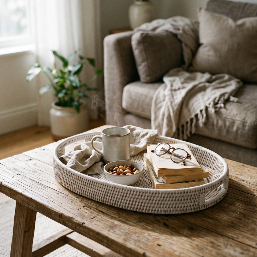 White Oval Rattan Tray