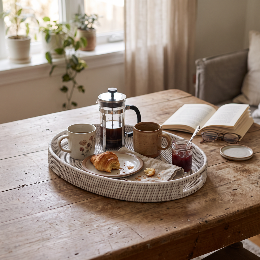 White Oval Rattan Tray