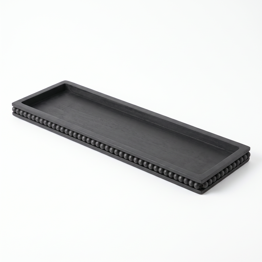 Black Flat Beaded Wooden Tray on white background