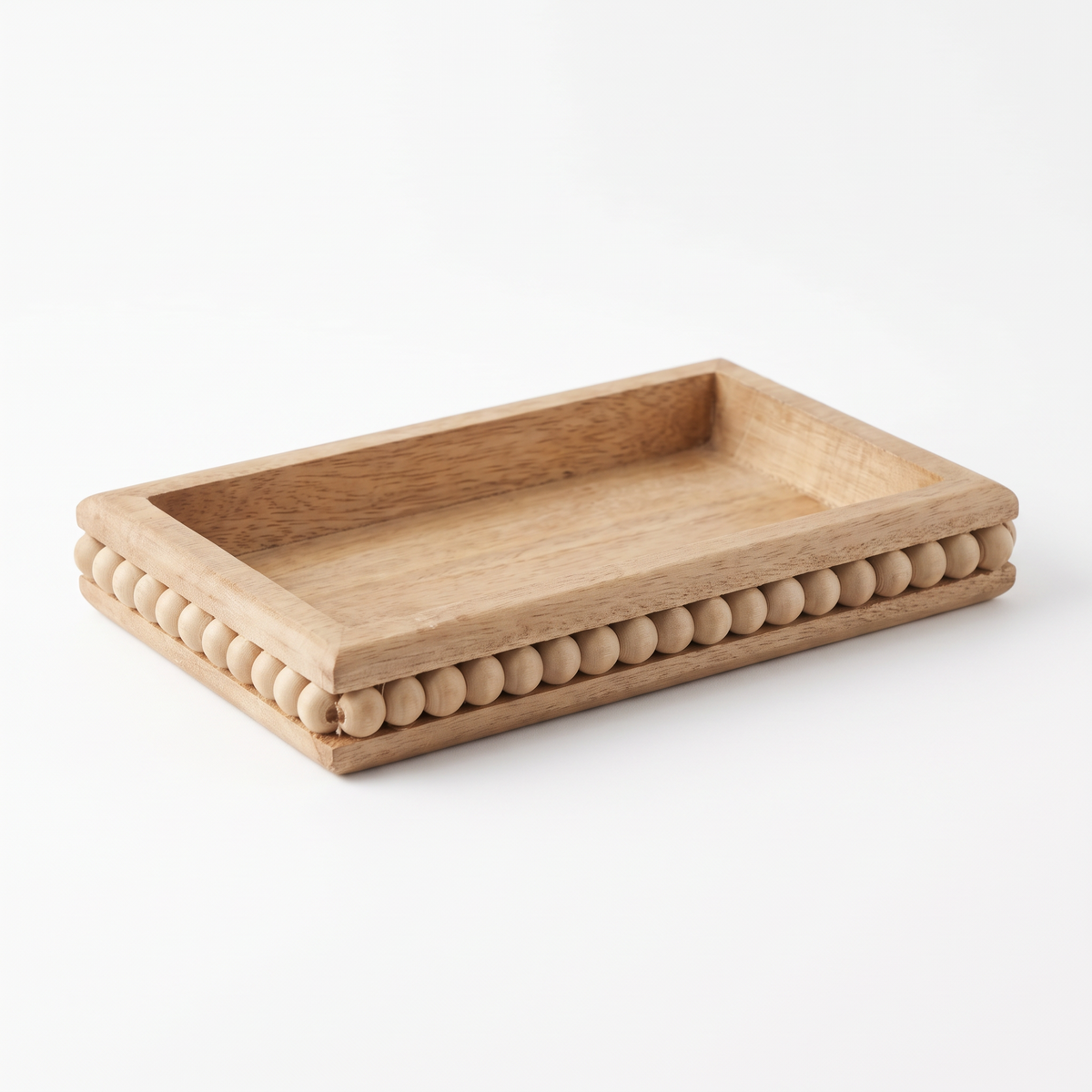Natural Mini Beaded Wooden Tray on white background