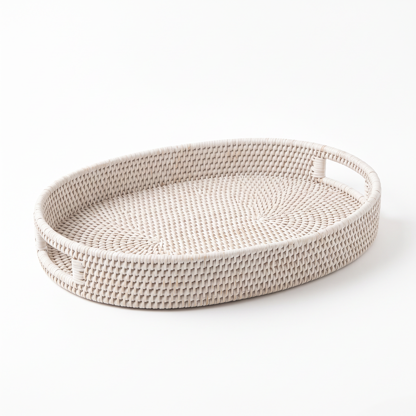 White Oval Rattan Tray on white background