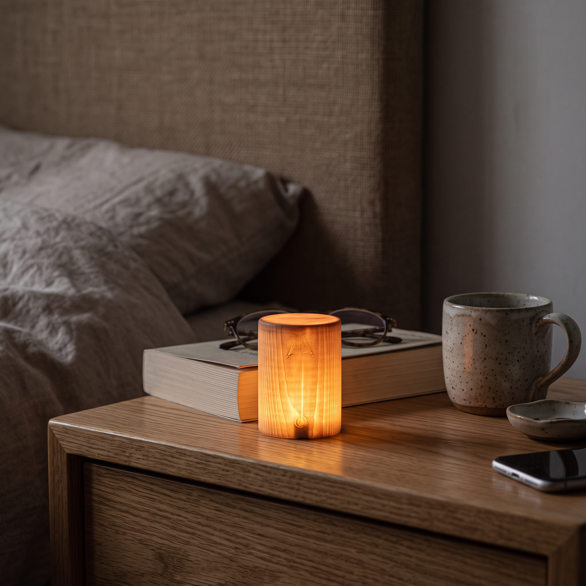 Wood Cube LED Table Lamp shown in a home interior