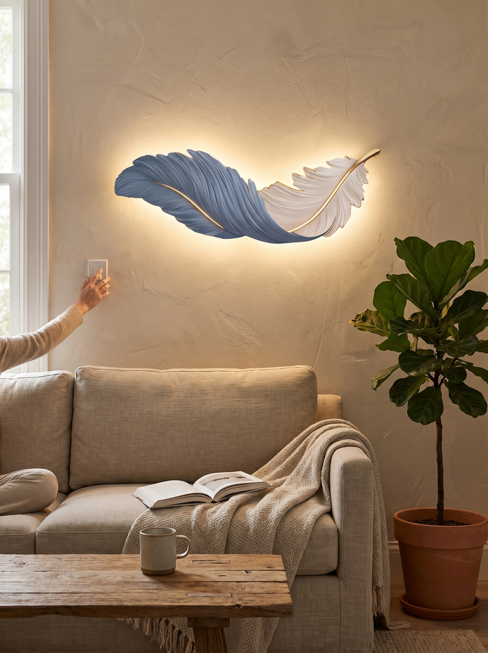 Feather LED Wall Art Lamp Brightness From the Sofa