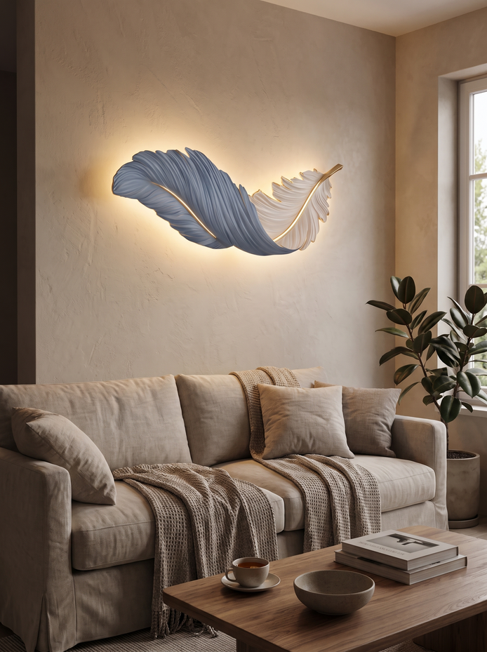 Feather LED Wall Art Lamp Art by Day, Glow by Night