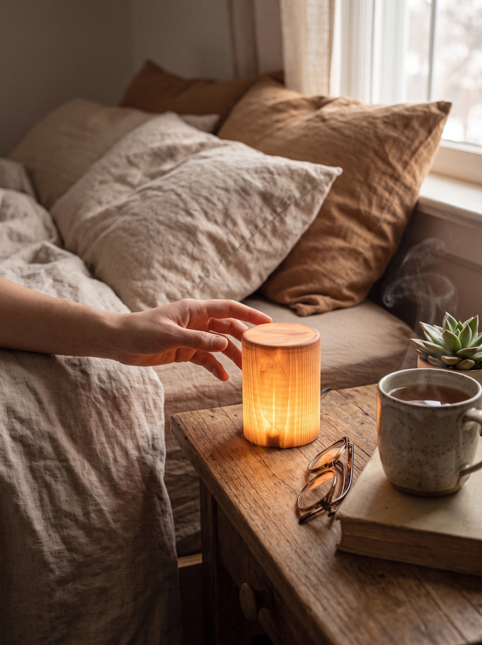 Wood Cube LED Table Lamp Your Favorite Setting, Remembered