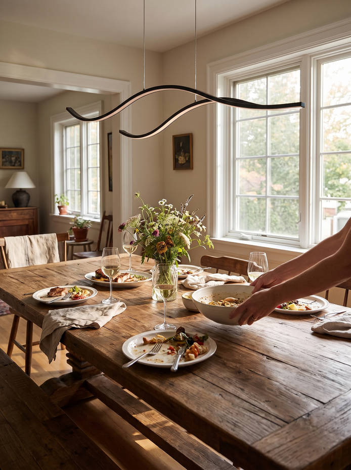 Wavy LED Linear Pendant Light Movement Above the Table
