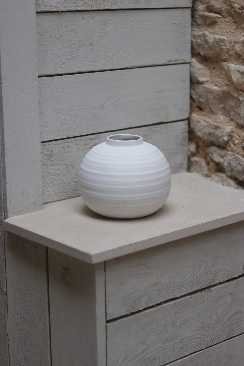 Textured Round White Ceramic Vase
